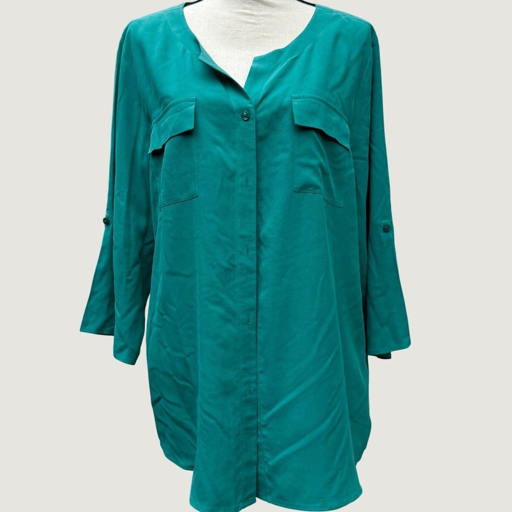 Investments Womens XL Teal Green 100% Silk Roll Tab Sleeve Button Down Blouse